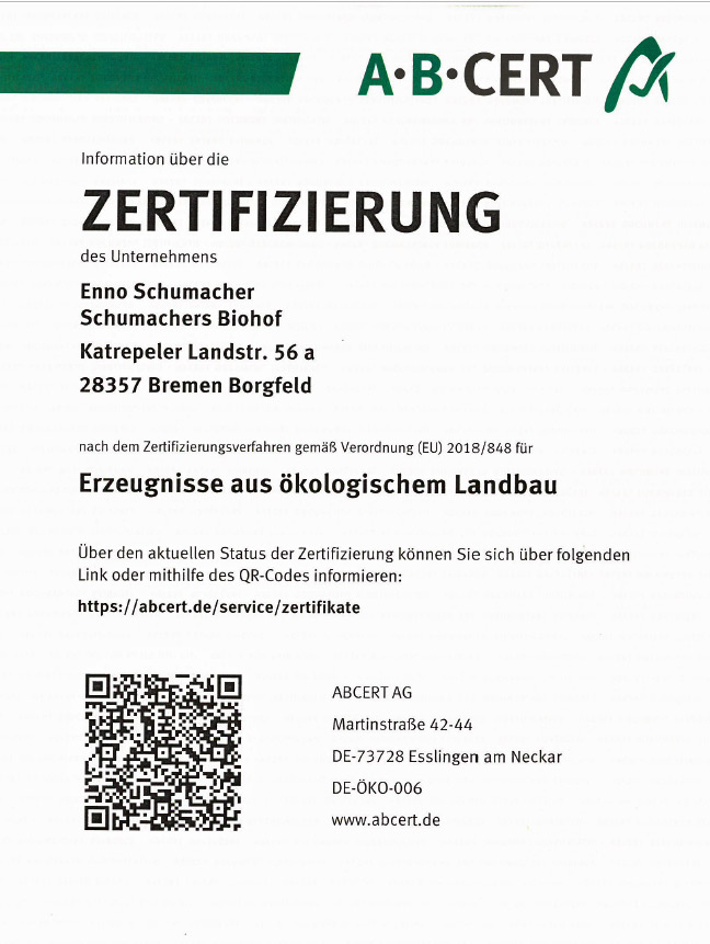 Schumachers Biohof-Zertifikat vom Mai 2022