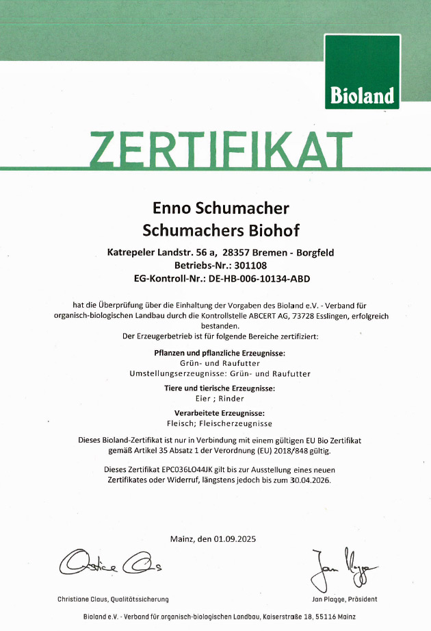 Schumachers Biohof-Zertifikat vom Mai 2022